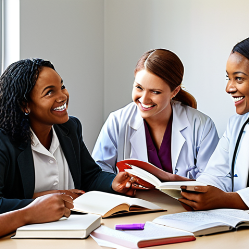 Home 11 **
A diverse group of healthcare professionals gathered around a table, some smiling, others engaged in earnest conversation. Books and journals are scattered on the table, and a bright window is in the background. The overall feeling should be one of collaboration, support, and continuous learning. Add "Mentorship Matters" or "Never Stop Learning" banner on the wall.
**