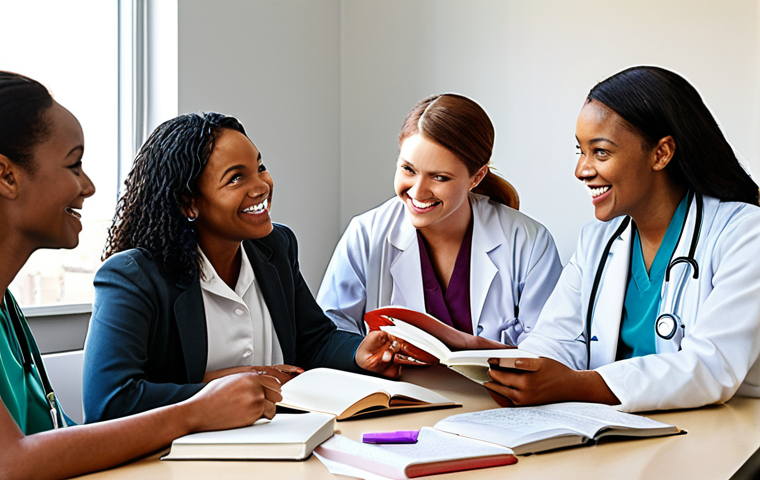 **

A diverse group of healthcare professionals gathered around a table, some smiling, others engaged in earnest conversation. Books and journals are scattered on the table, and a bright window is in the background. The overall feeling should be one of collaboration, support, and continuous learning. Add "Mentorship Matters" or "Never Stop Learning" banner on the wall.

**