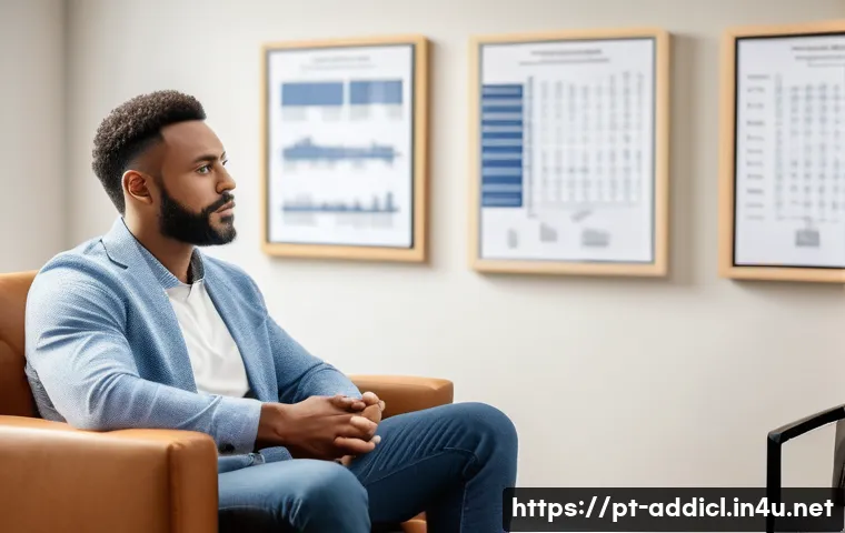 중독상담사 직업에서 사용하는 심리 테스트 - A compassionate clinical psychologist in a modern therapy office, engaging warmly with a diverse adu...
