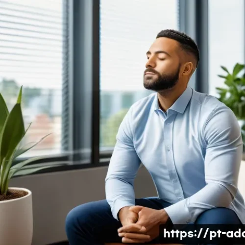 Home 32 중독상담사의 감정노동 대처법 - A professional counselor in a modern, cozy office setting taking a mindful breathing pause before a ...